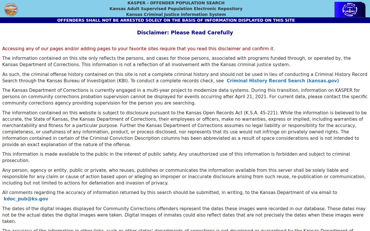 Kansas adult offender search disclaimer for a Leavenworth name lookup