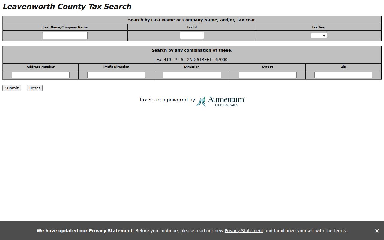 Leavenworth County property tax search fields by owner and street